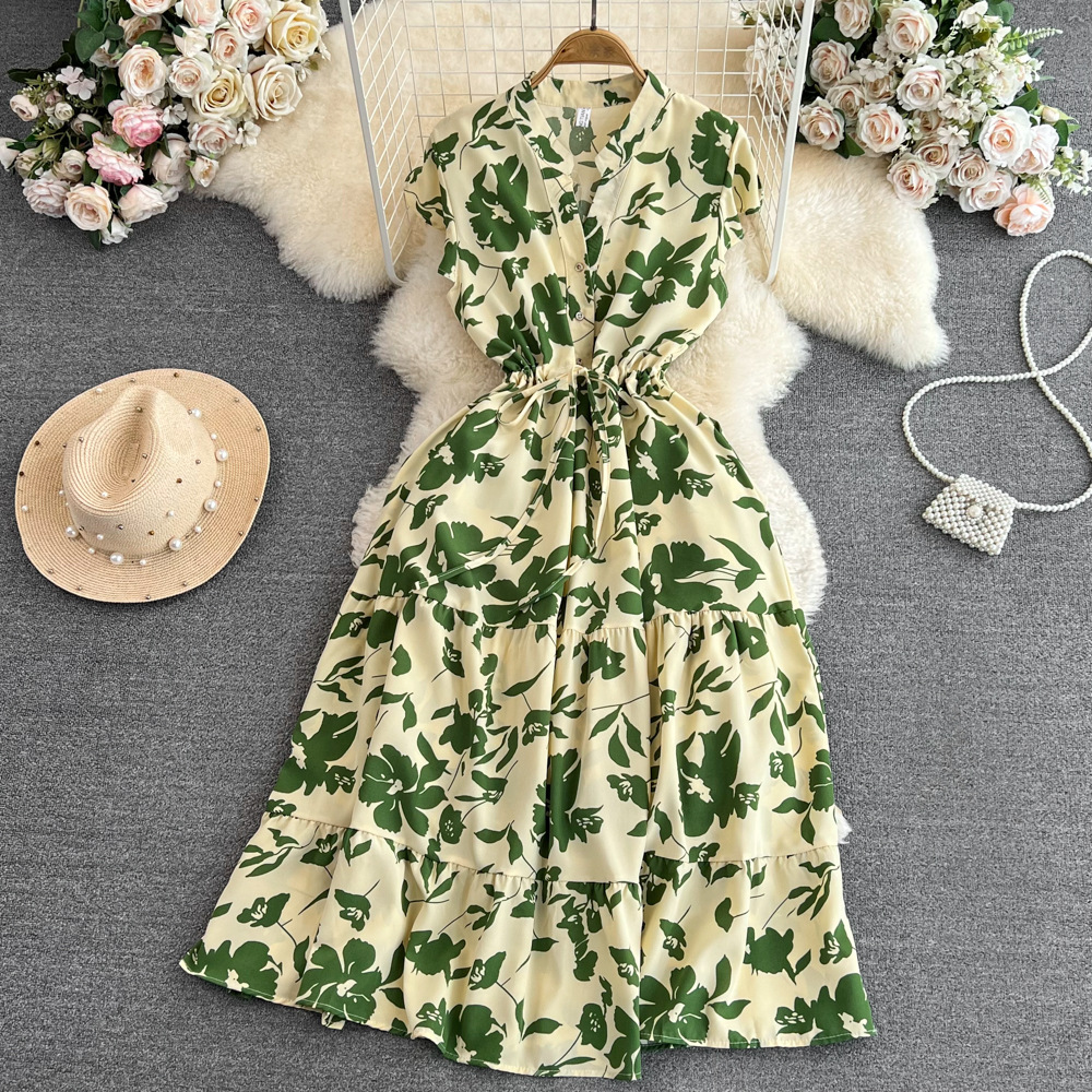 High end feeling, light luxury temperament, flying sleeves, V-neck, waist cinching, slimming effect, A-line ruffle print dress, elegant long skirt High end feeling, light luxury temperament, flying sleeves, V-neck, waist cinching, slimming effect, A-line ruffle print dress, elegant long skirt