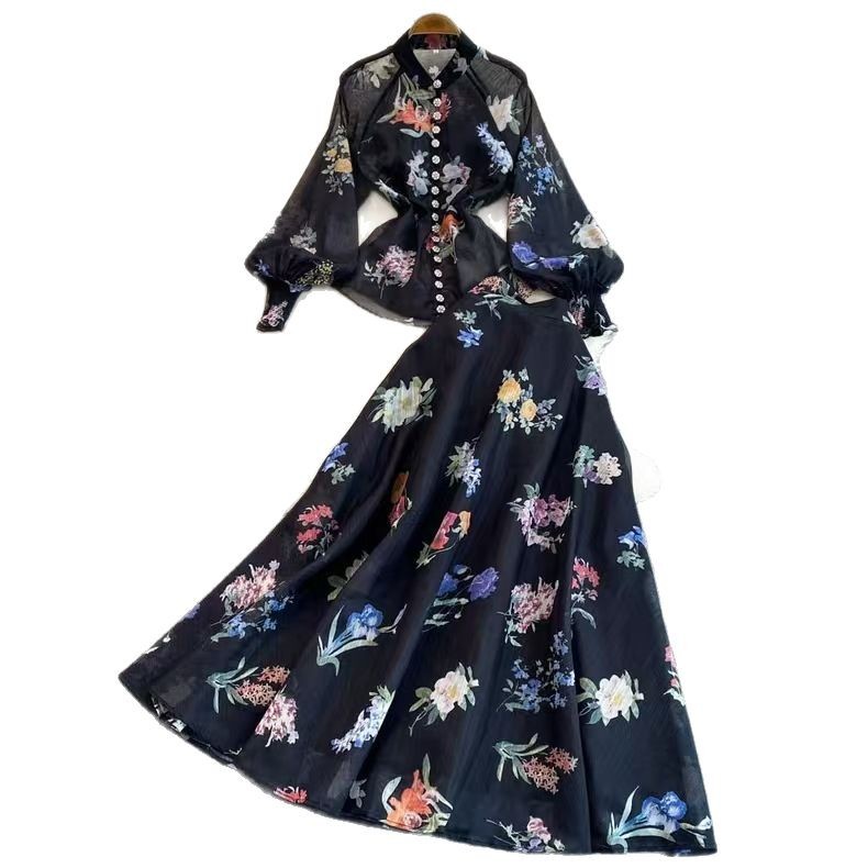 Early spring new high-end retro printed gentle style lantern sleeve shirt chiffon printed mid length skirt two-piece set Early spring new high-end retro printed gentle style lantern sleeve shirt chiffon printed mid length skirt two-piece set
