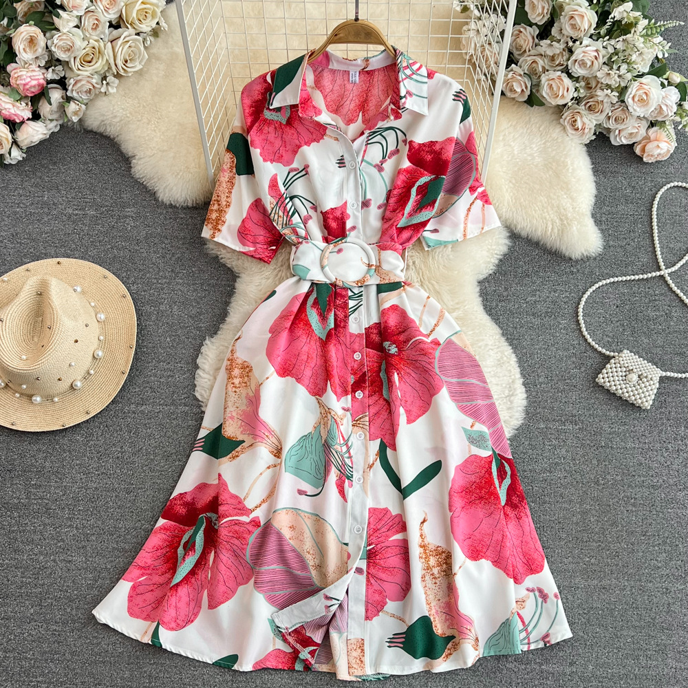 2023 Summer Korean Edition High end Light Luxury Style Short Sleeve Collar Collar Waist Look Slimming Single breasted A-line Printed Dress