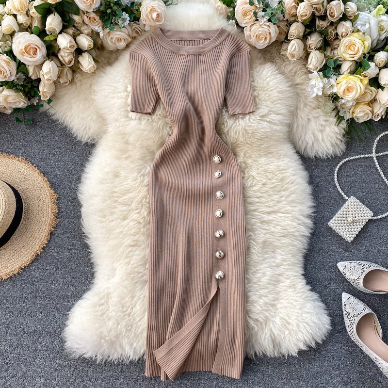 2022 popular women's clothing new Korean version simple solid color breasted slim fit short sleeved knitted slit hip hugging dress 2022 popular women's clothing new Korean version simple solid color breasted slim fit short sleeved knitted slit hip hugging dress