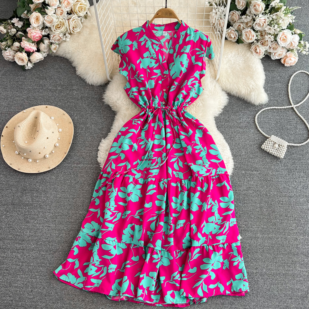 High end feeling, light luxury temperament, flying sleeves, V-neck, waist cinching, slimming effect, A-line ruffle print dress, elegant long skirt High end feeling, light luxury temperament, flying sleeves, V-neck, waist cinching, slimming effect, A-line ruffle print dress, elegant long skirt