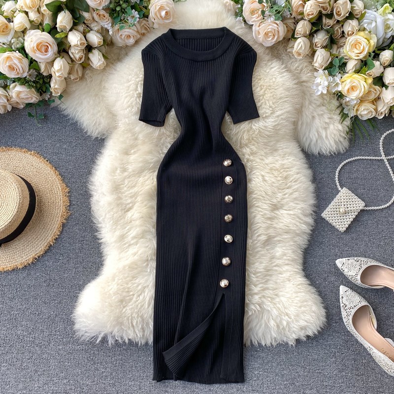 2022 popular women's clothing new Korean version simple solid color breasted slim fit short sleeved knitted slit hip hugging dress 2022 popular women's clothing new Korean version simple solid color breasted slim fit short sleeved knitted slit hip hugging dress