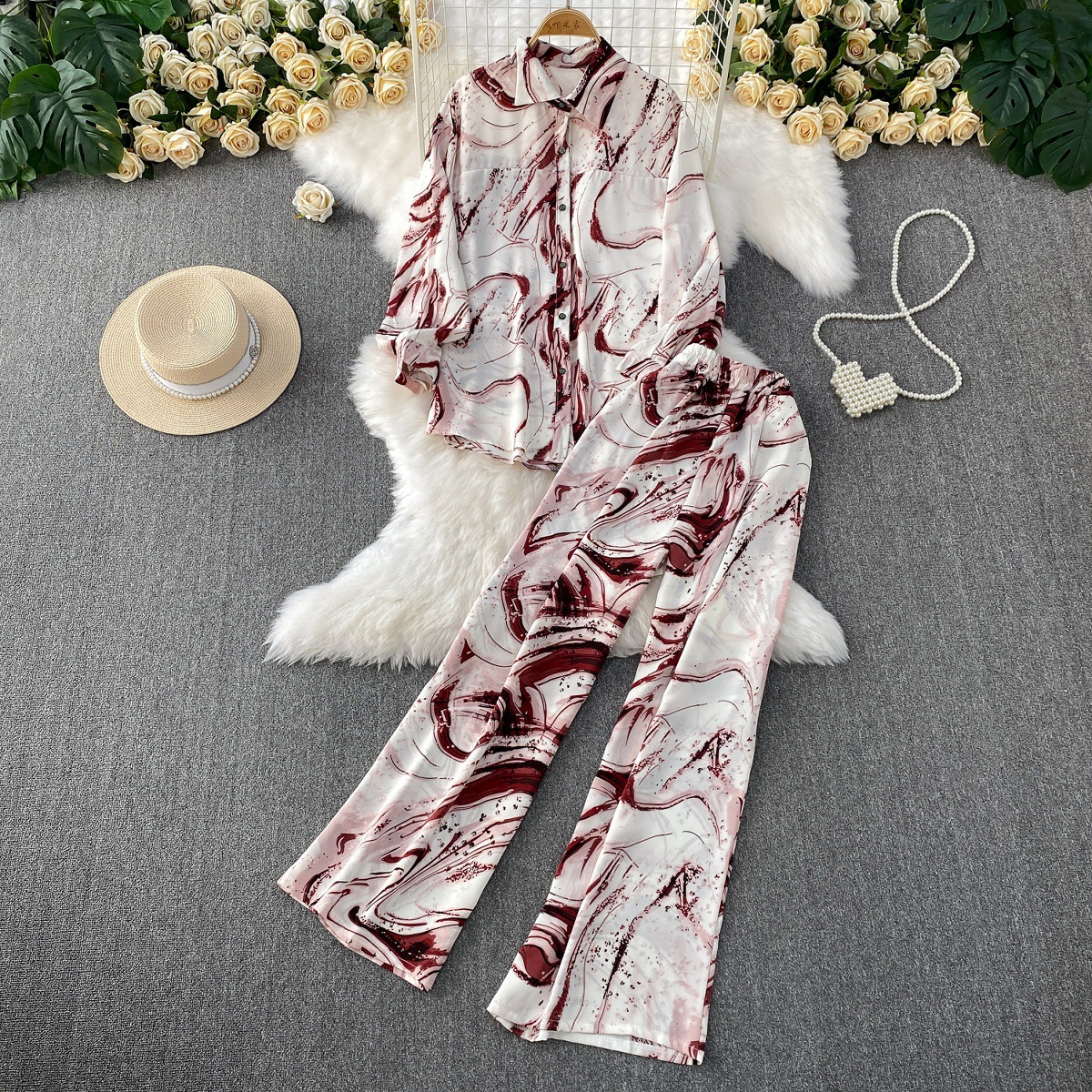 Korean casual design loose print lapel long sleeved shirt+high waist slimming straight leg wide leg pants two-piece set Korean casual design loose print lapel long sleeved shirt+high waist slimming straight leg wide leg pants two-piece set