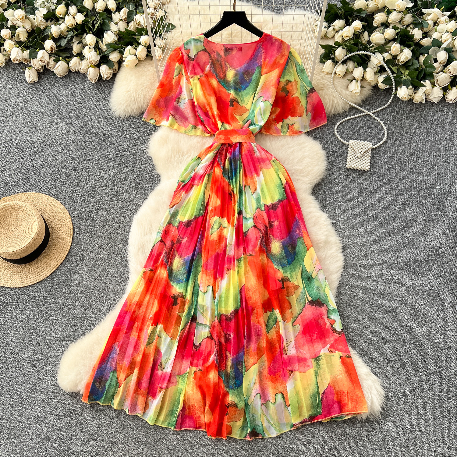 2025 Summer Dress New Women's High end Strap Waist V-neck Trumpet Sleeves Show Thin Temperament Printed Chiffon Dress 2025 Summer Dress New Women's High end Strap Waist V-neck Trumpet Sleeves Show Thin Temperament Printed Chiffon Dress