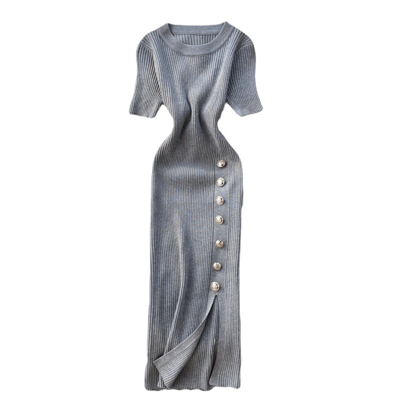 2022 popular women's clothing new Korean version simple solid color breasted slim fit short sleeved knitted slit hip hugging dress 2022 popular women's clothing new Korean version simple solid color breasted slim fit short sleeved knitted slit hip hugging dress