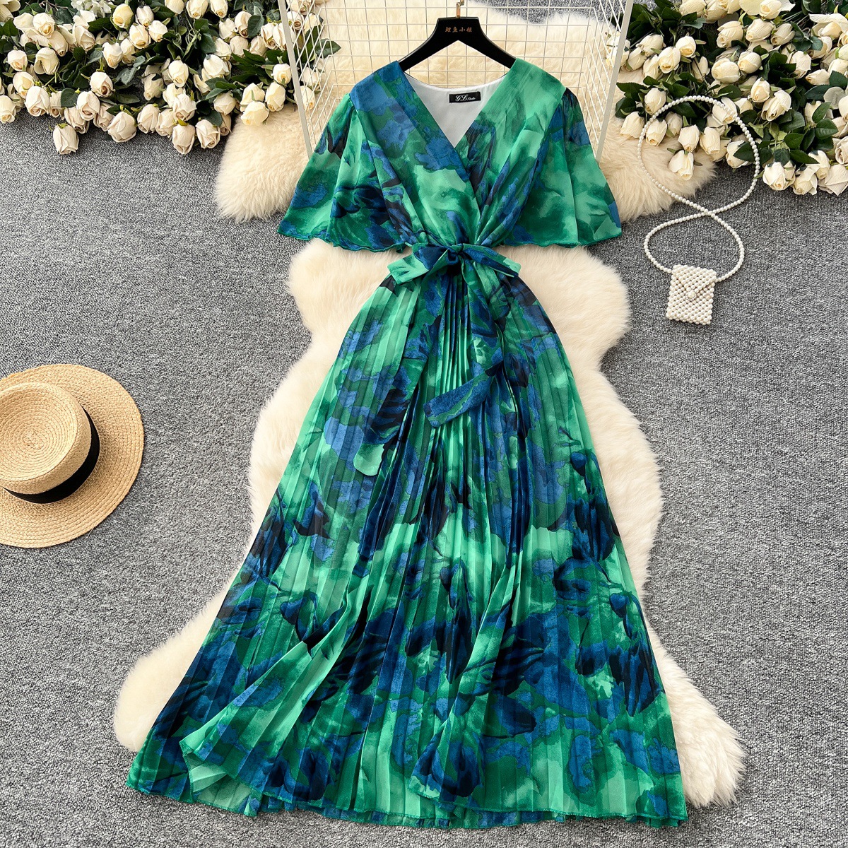 2025 Summer Dress New Women's High end Strap Waist V-neck Trumpet Sleeves Show Thin Temperament Printed Chiffon Dress 2025 Summer Dress New Women's High end Strap Waist V-neck Trumpet Sleeves Show Thin Temperament Printed Chiffon Dress