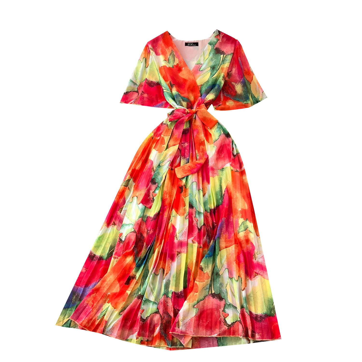 2025 Summer Dress New Women's High end Strap Waist V-neck Trumpet Sleeves Show Thin Temperament Printed Chiffon Dress 2025 Summer Dress New Women's High end Strap Waist V-neck Trumpet Sleeves Show Thin Temperament Printed Chiffon Dress