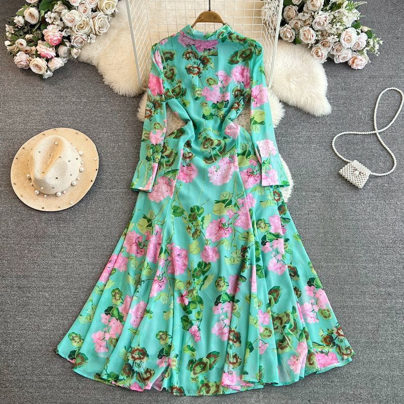 High end feeling, light mature style, retro temperament, long sleeved collar, waist cinching, slimming effect, single breasted A-line printed shirt dress High end feeling, light mature style, retro temperament, long sleeved collar, waist cinching, slimming effect, single breasted A-line printed shirt dress