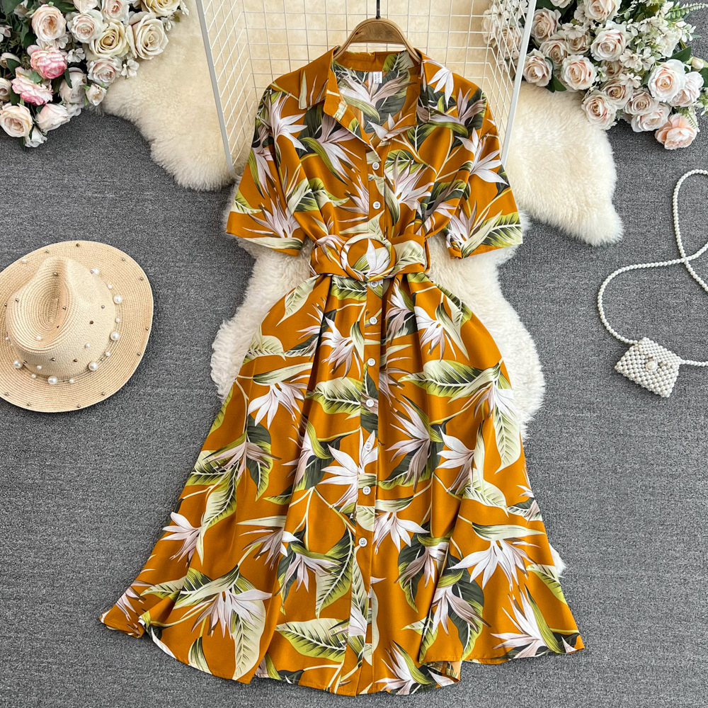 2023 Summer Korean Edition High end Light Luxury Style Short Sleeve Collar Collar Waist Look Slimming Single breasted A-line Printed Dress 2023 Summer Korean Edition High end Light Luxury Style Short Sleeve Collar Collar Waist Look Slimming Single breasted A-line Printed Dress