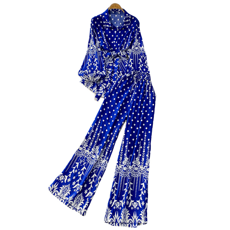 Gentle style pink printed lantern sleeves sun protection shirt with a lapel and waist cinching top+high waist slimming wide leg pants set Gentle style pink printed lantern sleeves sun protection shirt with a lapel and waist cinching top+high waist slimming wide leg pants set