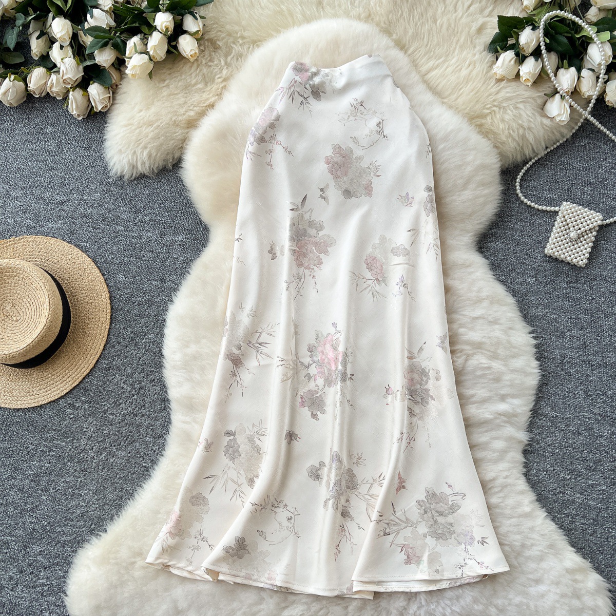 Light mature style, high-end feeling, hot stamping, printed fish tail skirt, women's 2025 summer high waist slimming satin bread buttocks mid length skirt Light mature style, high-end feeling, hot stamping, printed fish tail skirt, women's 2025 summer high waist slimming satin bread buttocks mid length skirt