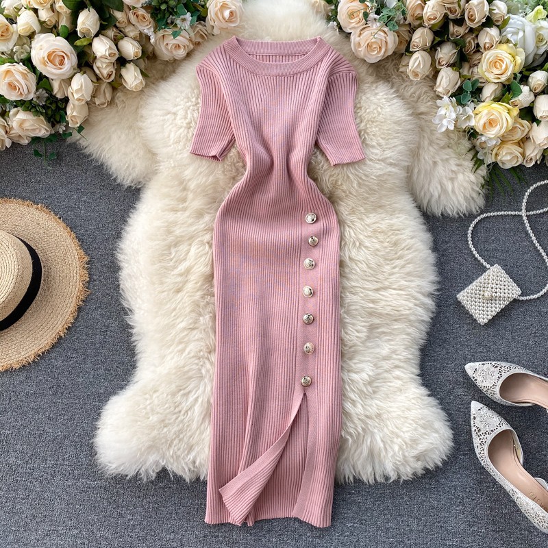 2022 popular women's clothing new Korean version simple solid color breasted slim fit short sleeved knitted slit hip hugging dress