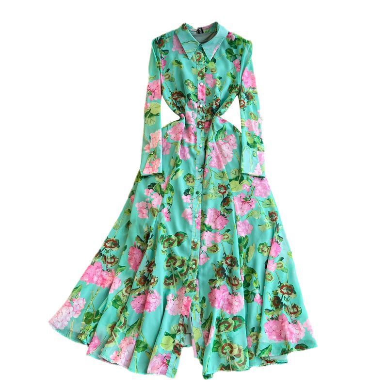 High end feeling, light mature style, retro temperament, long sleeved collar, waist cinching, slimming effect, single breasted A-line printed shirt dress High end feeling, light mature style, retro temperament, long sleeved collar, waist cinching, slimming effect, single breasted A-line printed shirt dress