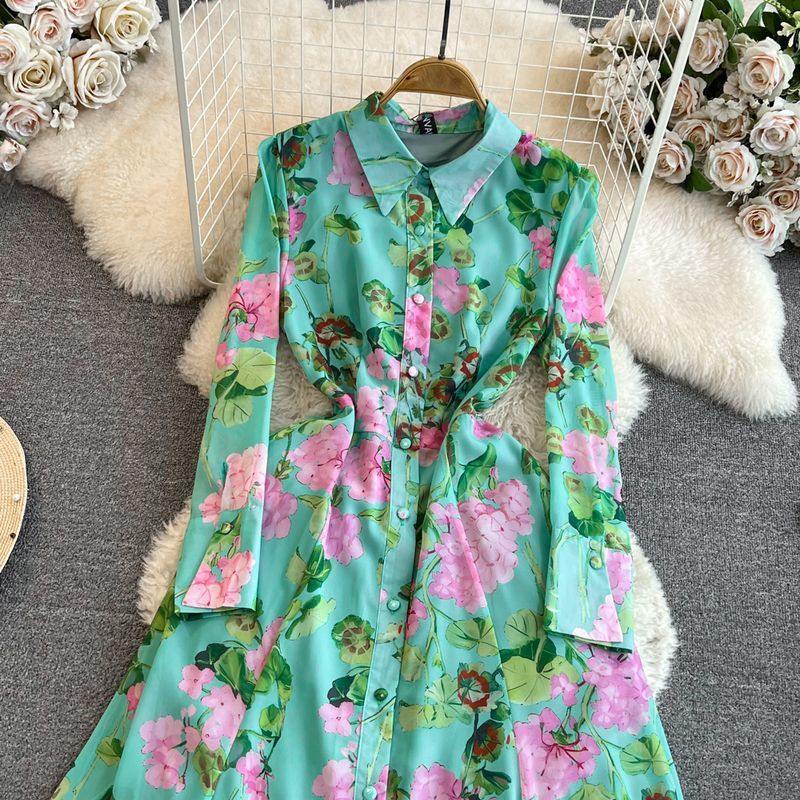 High end feeling, light mature style, retro temperament, long sleeved collar, waist cinching, slimming effect, single breasted A-line printed shirt dress High end feeling, light mature style, retro temperament, long sleeved collar, waist cinching, slimming effect, single breasted A-line printed shirt dress