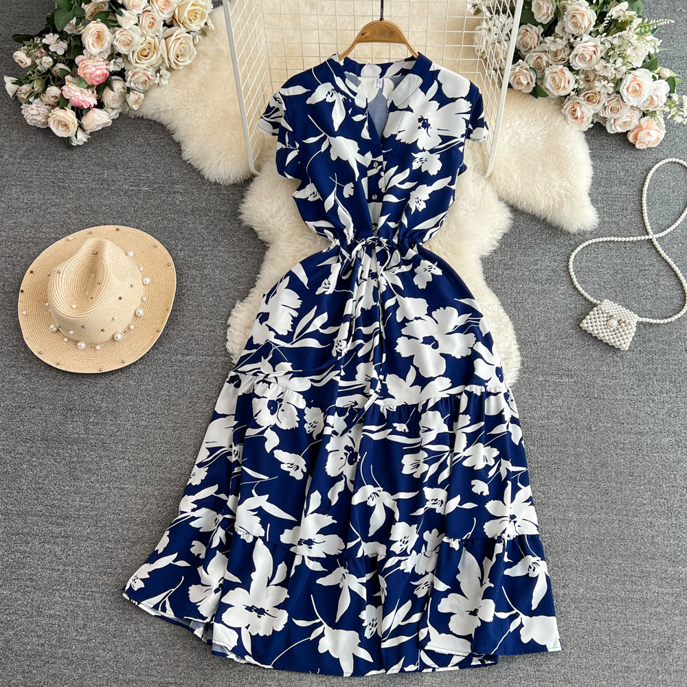 High end feeling, light luxury temperament, flying sleeves, V-neck, waist cinching, slimming effect, A-line ruffle print dress, elegant long skirt High end feeling, light luxury temperament, flying sleeves, V-neck, waist cinching, slimming effect, A-line ruffle print dress, elegant long skirt
