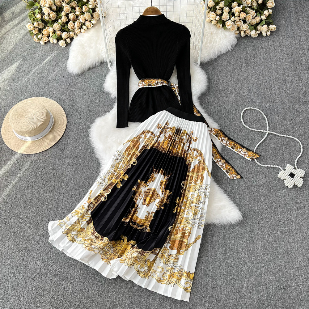 Fashion set, women's stand up collar, slim fit and slimming knit top, two-piece set, high waist, Baroque printed pleated skirt Fashion set, women's stand up collar, slim fit and slimming knit top, two-piece set, high waist, Baroque printed pleated skirt