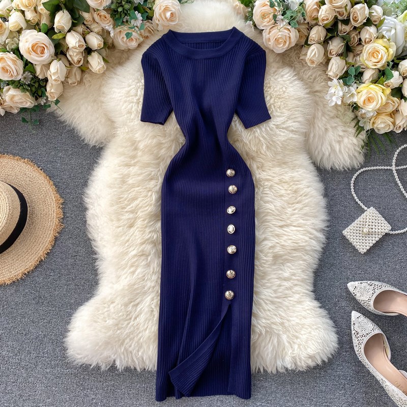 2022 popular women's clothing new Korean version simple solid color breasted slim fit short sleeved knitted slit hip hugging dress 2022 popular women's clothing new Korean version simple solid color breasted slim fit short sleeved knitted slit hip hugging dress