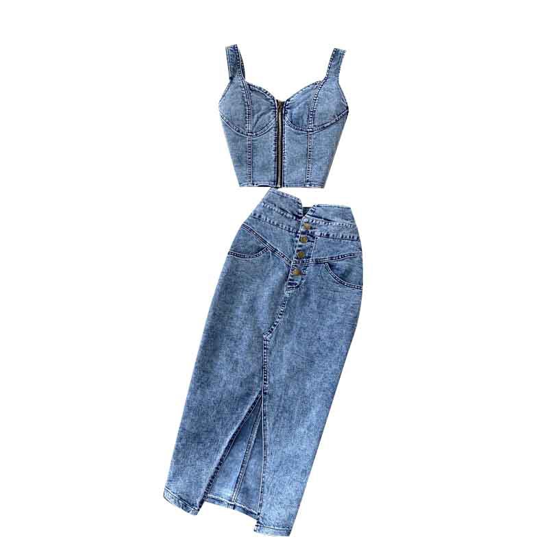 Hong Kong style ins women's suit 2020 new female sexy short style camisole vest high waisted denim skirt trendy Hong Kong style ins women's suit 2020 new female sexy short style camisole vest high waisted denim skirt trendy