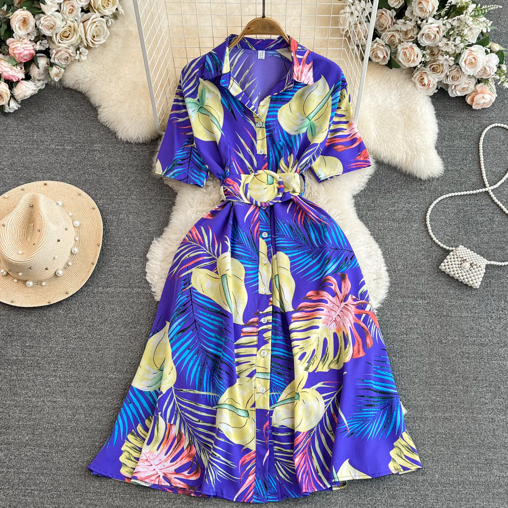 2023 Summer Korean Edition High end Light Luxury Style Short Sleeve Collar Collar Waist Look Slimming Single breasted A-line Printed Dress 2023 Summer Korean Edition High end Light Luxury Style Short Sleeve Collar Collar Waist Look Slimming Single breasted A-line Printed Dress