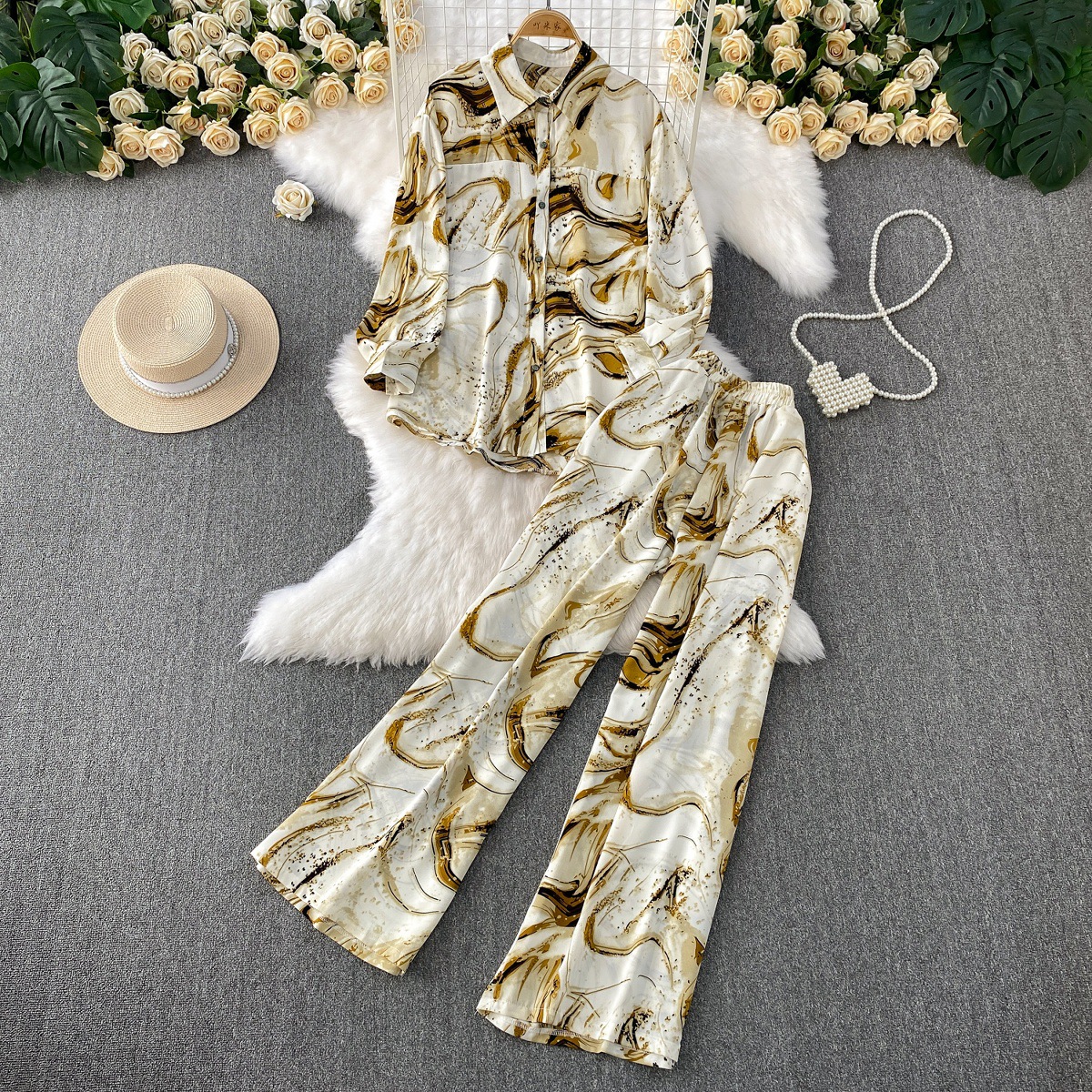 Korean casual design loose print lapel long sleeved shirt+high waist slimming straight leg wide leg pants two-piece set Korean casual design loose print lapel long sleeved shirt+high waist slimming straight leg wide leg pants two-piece set