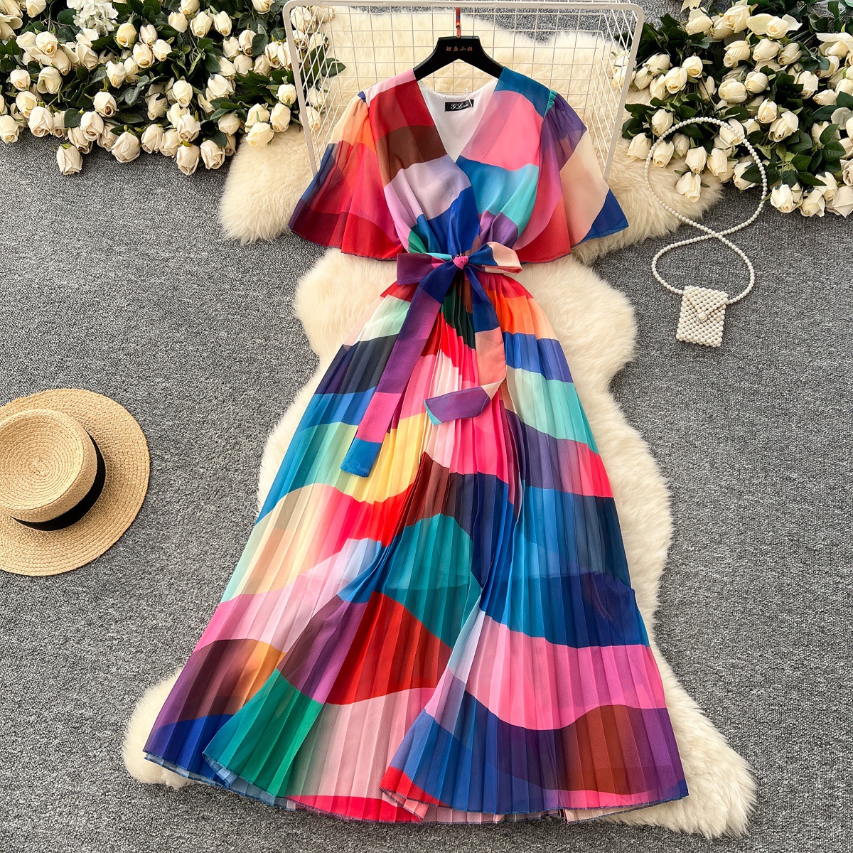 2025 Summer Dress New Women's High end Strap Waist V-neck Trumpet Sleeves Show Thin Temperament Printed Chiffon Dress 2025 Summer Dress New Women's High end Strap Waist V-neck Trumpet Sleeves Show Thin Temperament Printed Chiffon Dress