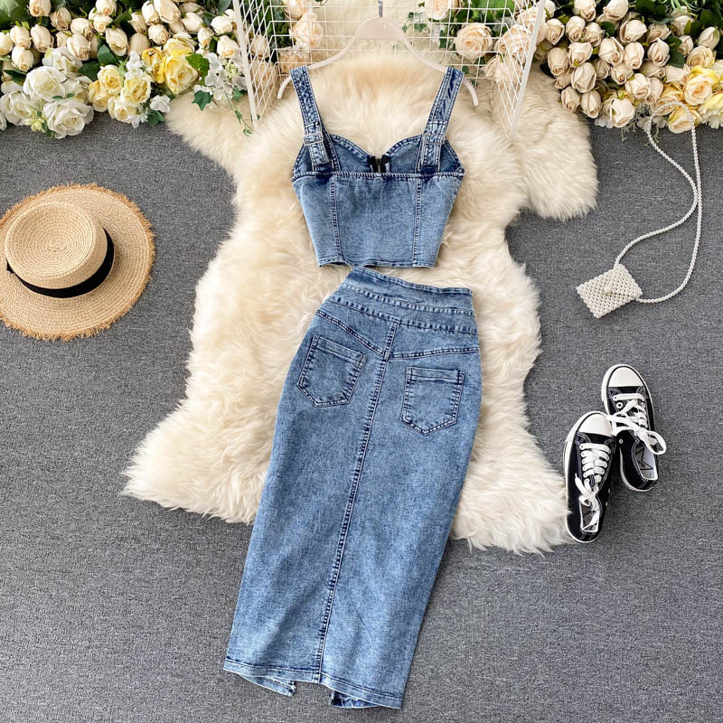 Hong Kong style ins women's suit 2020 new female sexy short style camisole vest high waisted denim skirt trendy Hong Kong style ins women's suit 2020 new female sexy short style camisole vest high waisted denim skirt trendy