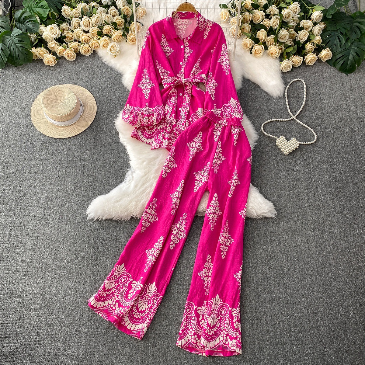 Gentle style pink printed lantern sleeves sun protection shirt with a lapel and waist cinching top+high waist slimming wide leg pants set Gentle style pink printed lantern sleeves sun protection shirt with a lapel and waist cinching top+high waist slimming wide leg pants set