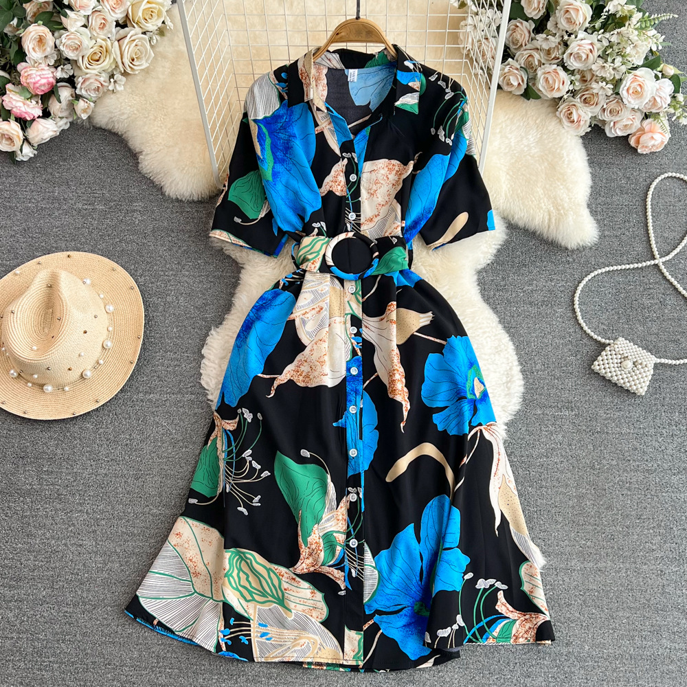 2023 Summer Korean Edition High end Light Luxury Style Short Sleeve Collar Collar Waist Look Slimming Single breasted A-line Printed Dress 2023 Summer Korean Edition High end Light Luxury Style Short Sleeve Collar Collar Waist Look Slimming Single breasted A-line Printed Dress