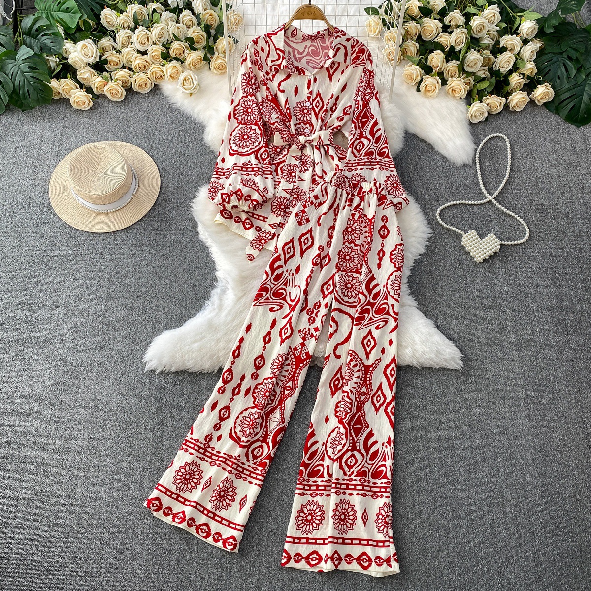 Gentle style pink printed lantern sleeves sun protection shirt with a lapel and waist cinching top+high waist slimming wide leg pants set Gentle style pink printed lantern sleeves sun protection shirt with a lapel and waist cinching top+high waist slimming wide leg pants set