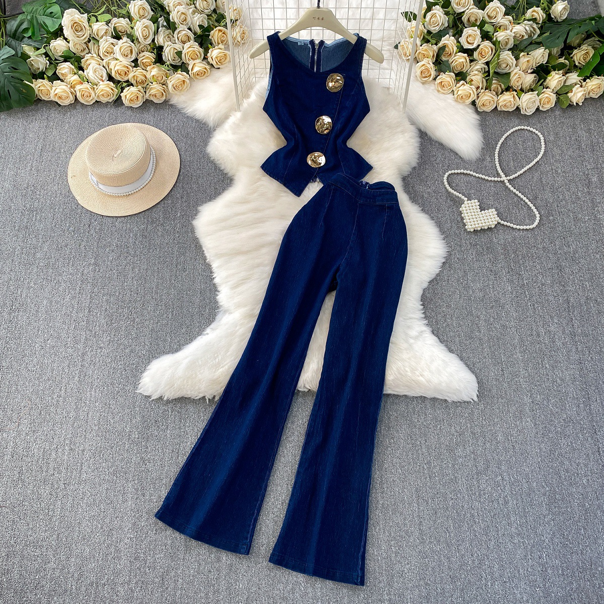 Fashionable outfit with stylish design, metal buckle round neck sleeveless denim vest+high waisted wide leg pants set Fashionable outfit with stylish design, metal buckle round neck sleeveless denim vest+high waisted wide leg pants set