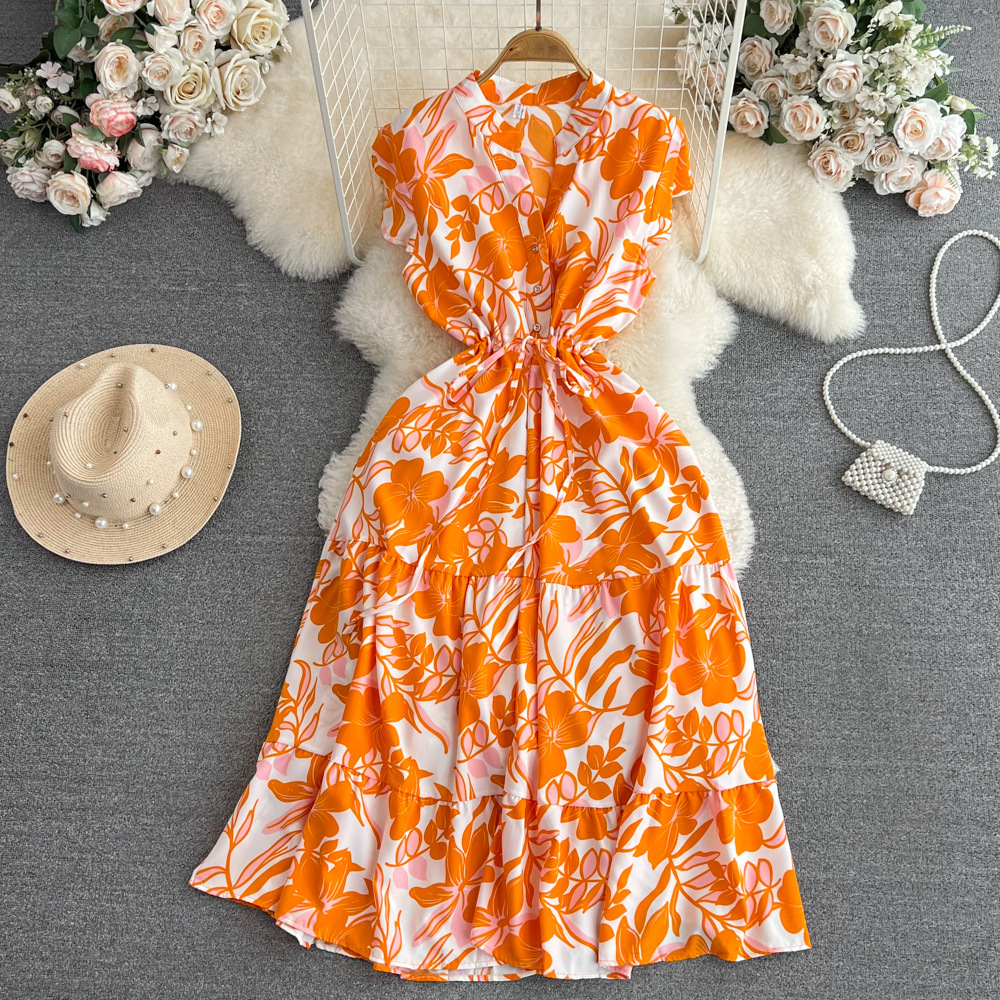 High end feeling, light luxury temperament, flying sleeves, V-neck, waist cinching, slimming effect, A-line ruffle print dress, elegant long skirt High end feeling, light luxury temperament, flying sleeves, V-neck, waist cinching, slimming effect, A-line ruffle print dress, elegant long skirt