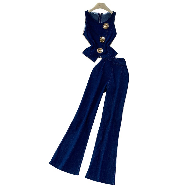 Fashionable outfit with stylish design, metal buckle round neck sleeveless denim vest+high waisted wide leg pants set Fashionable outfit with stylish design, metal buckle round neck sleeveless denim vest+high waisted wide leg pants set