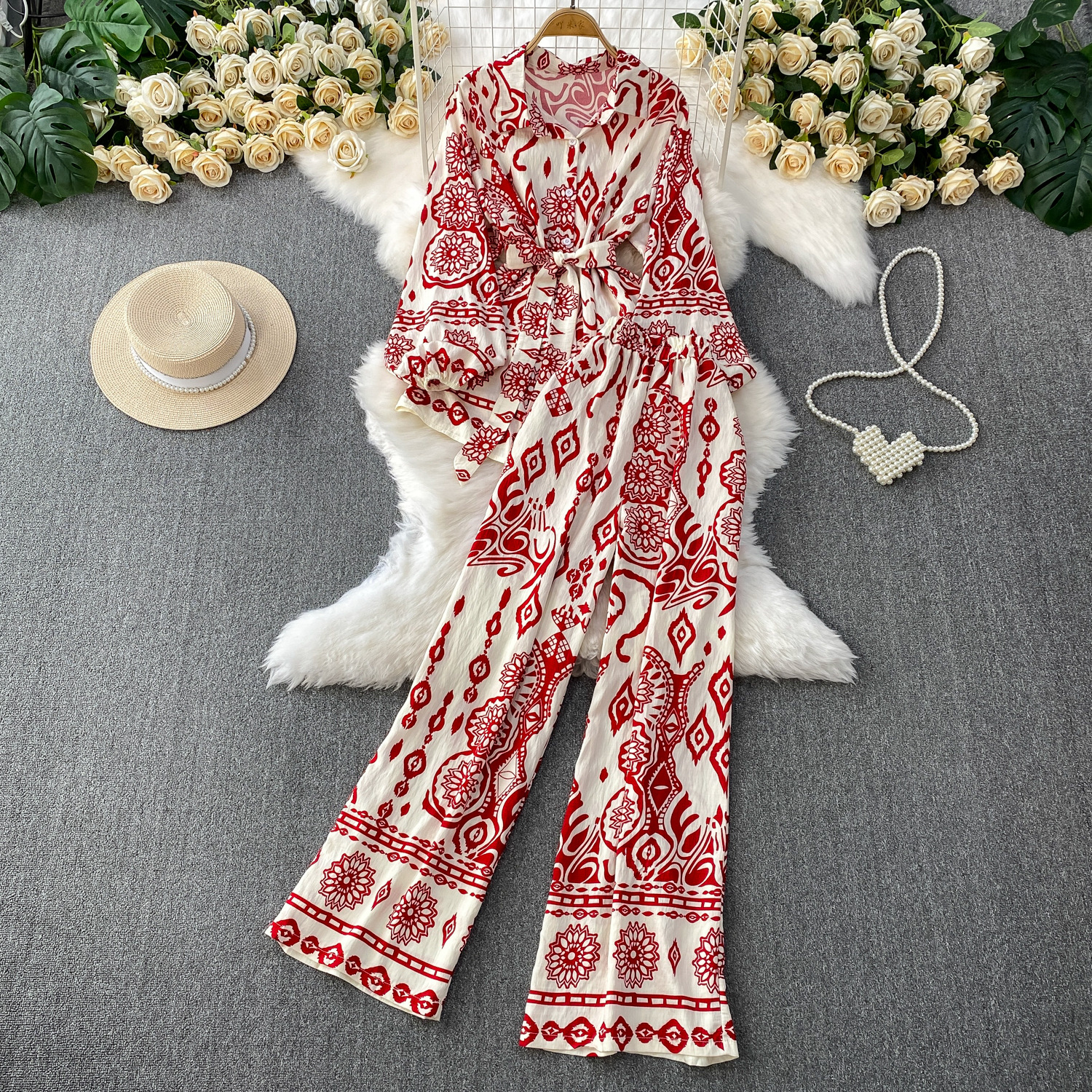 Gentle style pink printed lantern sleeves sun protection shirt with a lapel and waist cinching top+high waist slimming wide leg pants set Gentle style pink printed lantern sleeves sun protection shirt with a lapel and waist cinching top+high waist slimming wide leg pants set