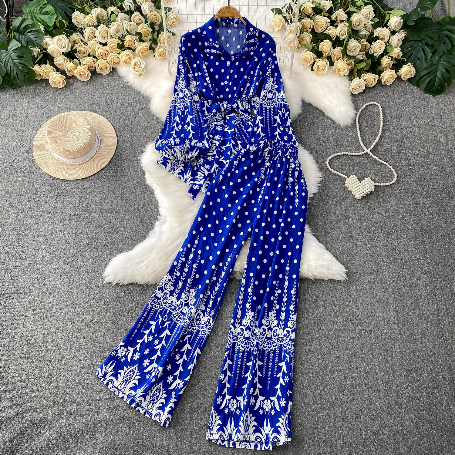 Gentle style pink printed lantern sleeves sun protection shirt with a lapel and waist cinching top+high waist slimming wide leg pants set Gentle style pink printed lantern sleeves sun protection shirt with a lapel and waist cinching top+high waist slimming wide leg pants set