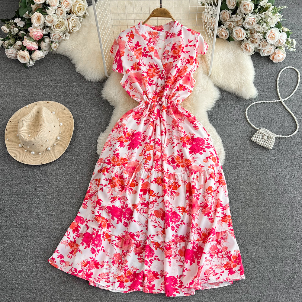 High end feeling, light luxury temperament, flying sleeves, V-neck, waist cinching, slimming effect, A-line ruffle print dress, elegant long skirt High end feeling, light luxury temperament, flying sleeves, V-neck, waist cinching, slimming effect, A-line ruffle print dress, elegant long skirt