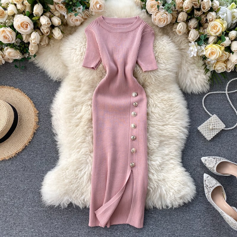2022 popular women's clothing new Korean version simple solid color breasted slim fit short sleeved knitted slit hip hugging dress 2022 popular women's clothing new Korean version simple solid color breasted slim fit short sleeved knitted slit hip hugging dress