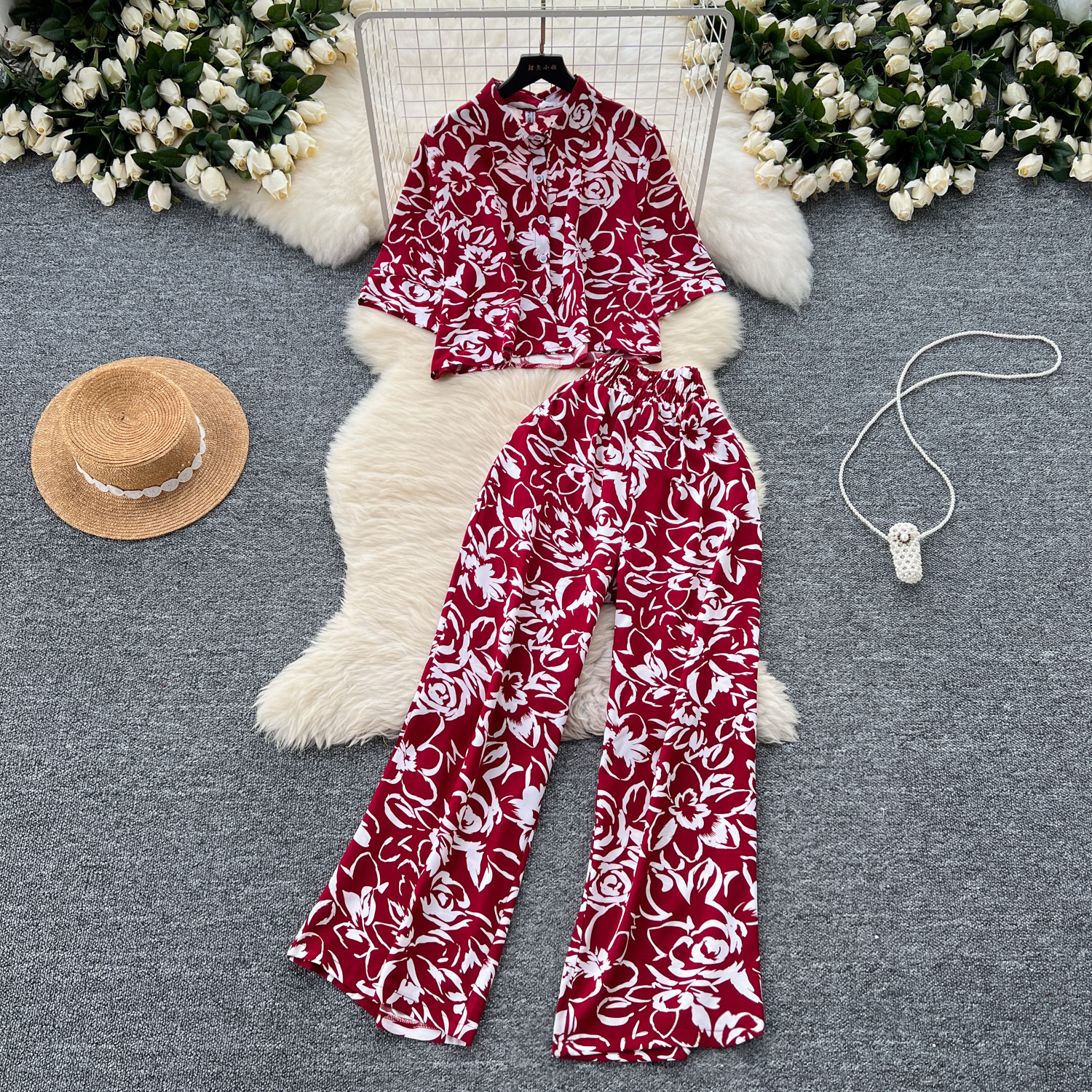 Salt based light mature style set for women, fashionable and versatile, loose and short printed shirt+high waist slimming wide leg casual pants