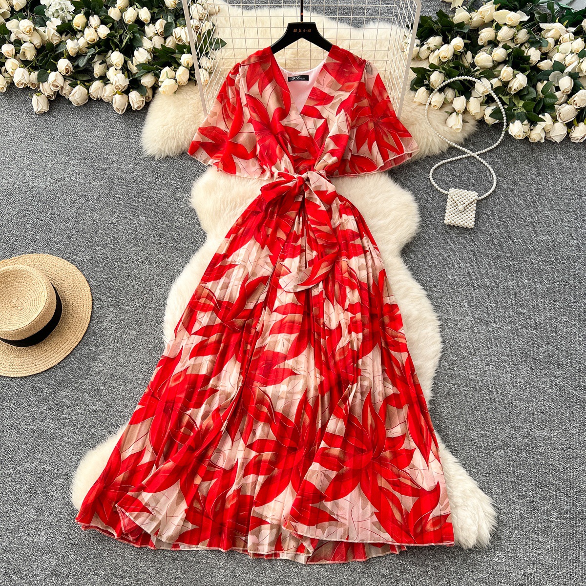 2025 Summer Dress New Women's High end Strap Waist V-neck Trumpet Sleeves Show Thin Temperament Printed Chiffon Dress 2025 Summer Dress New Women's High end Strap Waist V-neck Trumpet Sleeves Show Thin Temperament Printed Chiffon Dress
