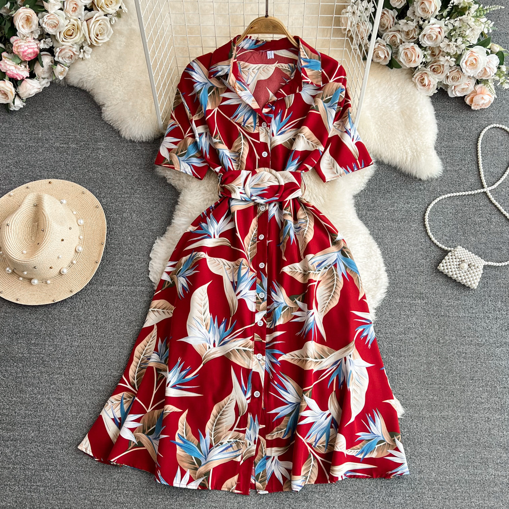 2023 Summer Korean Edition High end Light Luxury Style Short Sleeve Collar Collar Waist Look Slimming Single breasted A-line Printed Dress 2023 Summer Korean Edition High end Light Luxury Style Short Sleeve Collar Collar Waist Look Slimming Single breasted A-line Printed Dress