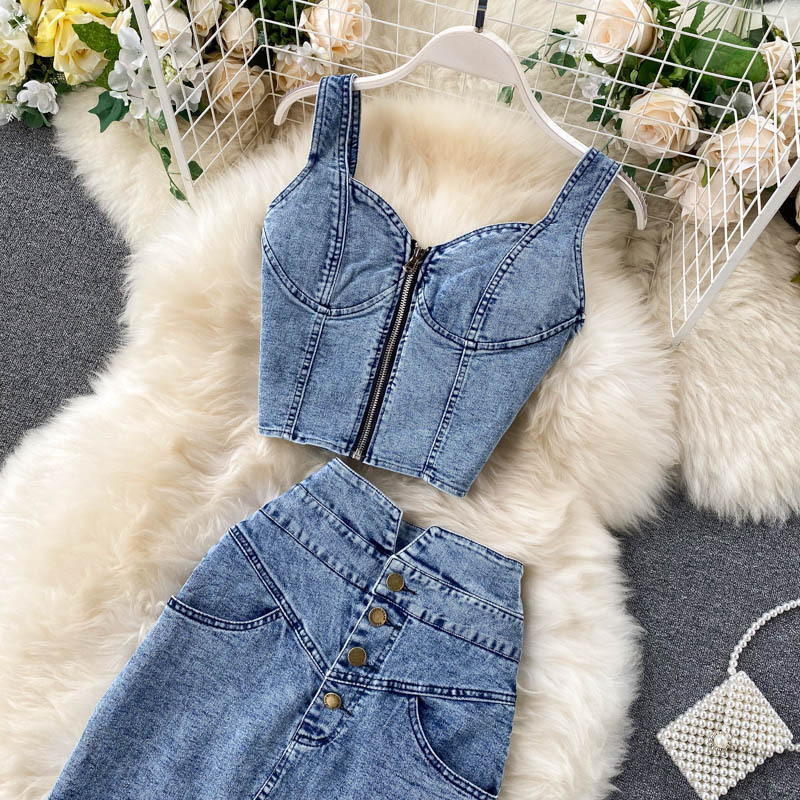 Hong Kong style ins women's suit 2020 new female sexy short style camisole vest high waisted denim skirt trendy Hong Kong style ins women's suit 2020 new female sexy short style camisole vest high waisted denim skirt trendy