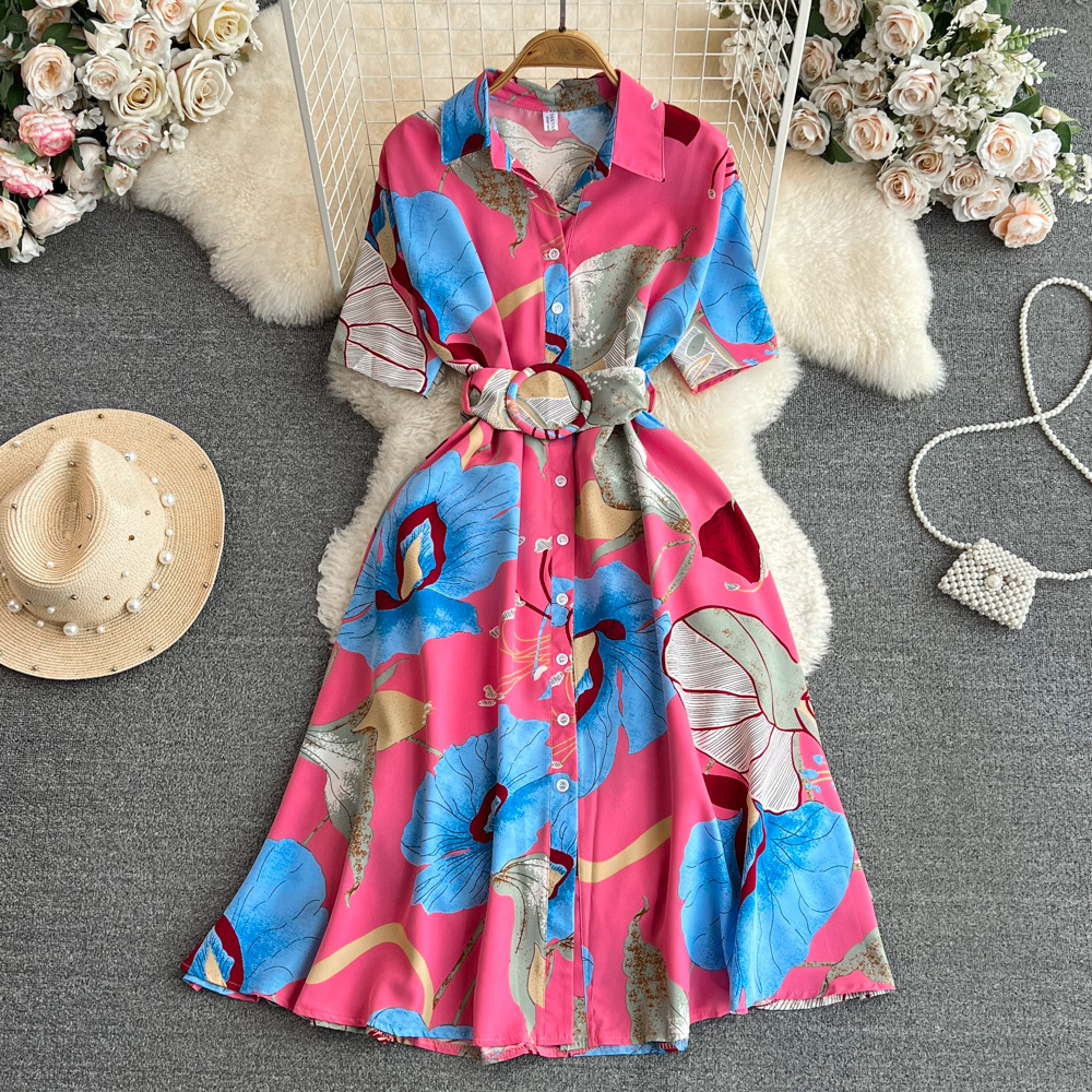 2023 Summer Korean Edition High end Light Luxury Style Short Sleeve Collar Collar Waist Look Slimming Single breasted A-line Printed Dress 2023 Summer Korean Edition High end Light Luxury Style Short Sleeve Collar Collar Waist Look Slimming Single breasted A-line Printed Dress