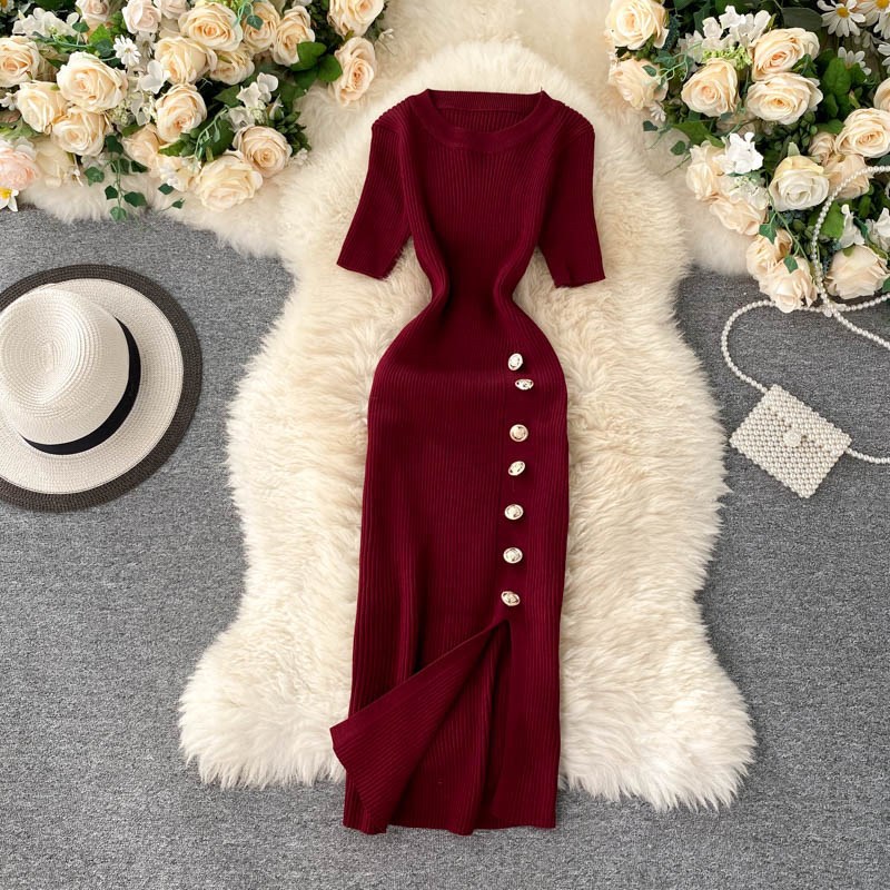 2022 popular women's clothing new Korean version simple solid color breasted slim fit short sleeved knitted slit hip hugging dress 2022 popular women's clothing new Korean version simple solid color breasted slim fit short sleeved knitted slit hip hugging dress