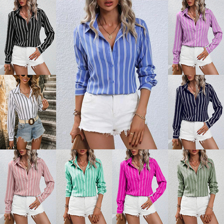 Spring/Summer Amazon Cross border Foreign Trade Women's Clothing New Commuting Style Fashion Striped Loose Shirt Women's Long Sleeve
