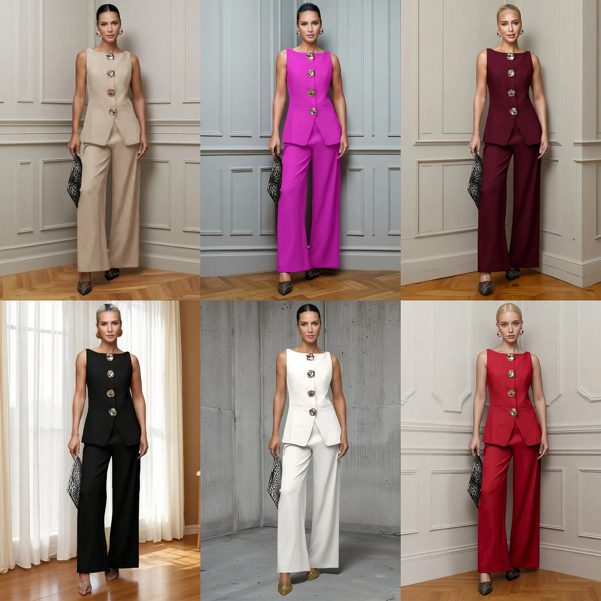 European and American Amazon Cross border Foreign Trade Women's Fashion Gold Button Vest Pants Two piece Casual Set for Women