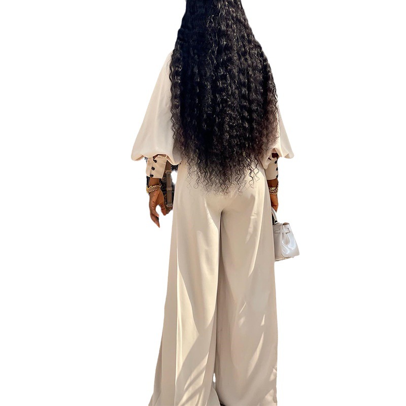 Spot European and American women's clothing 2025 summer new style plus size loose half high collar long sleeved top wide leg pants casual set Spot European and American women's clothing 2025 summer new style plus size loose half high collar long sleeved top wide leg pants casual set