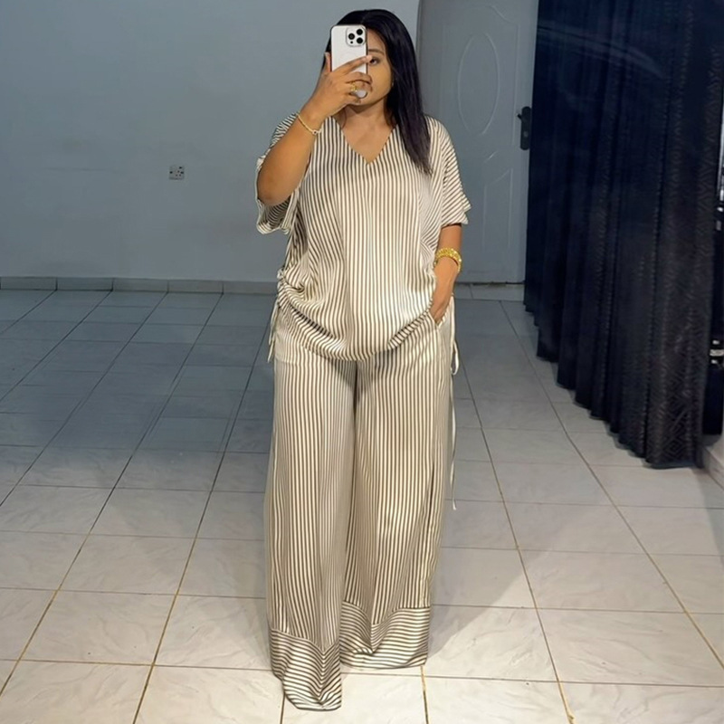 European and American cross-border women's clothing 2025 summer new casual loose V-neck striped short sleeved top wide leg pants set European and American cross-border women's clothing 2025 summer new casual loose V-neck striped short sleeved top wide leg pants set