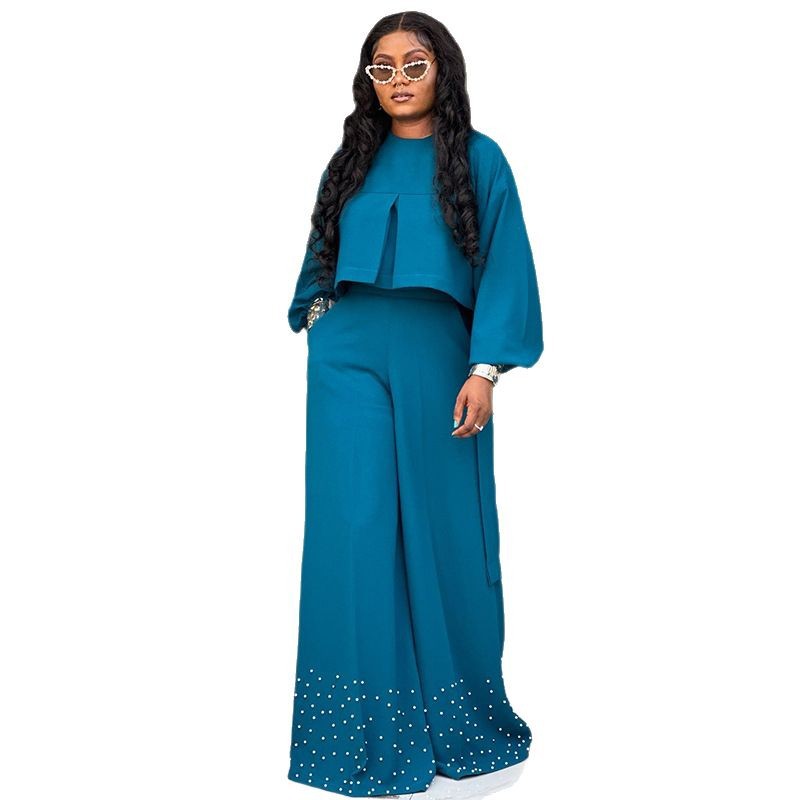 European and American cross-border women's clothing 2025 spring/summer new round neck irregular lantern sleeve top nail bead wide leg pants set European and American cross-border women's clothing 2025 spring/summer new round neck irregular lantern sleeve top nail bead wide leg pants set