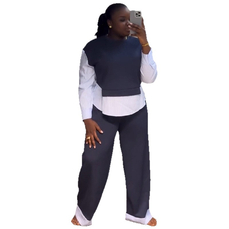 European and American cross-border women's clothing 2025 summer new casual round neck fake two-piece hoodie high waist wide leg pants set European and American cross-border women's clothing 2025 summer new casual round neck fake two-piece hoodie high waist wide leg pants set