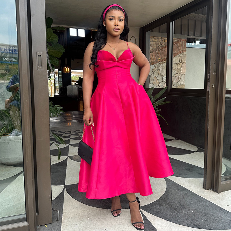 Amazon Rose Red Strap Dress European and American Women's Wear 2025 New Sexy High Waist A-line Medium length Dress