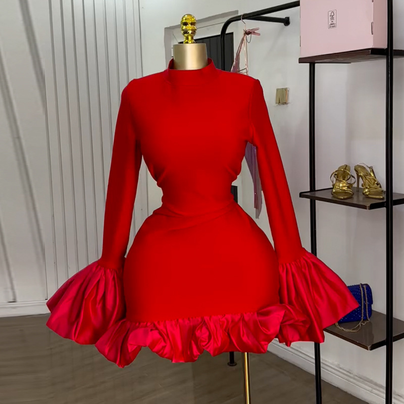 European and American women's clothing 2025 spring new style elegant semi high neck flared sleeves high waist ruffle edge wrapped hip dress European and American women's clothing 2025 spring new style elegant semi high neck flared sleeves high waist ruffle edge wrapped hip dress